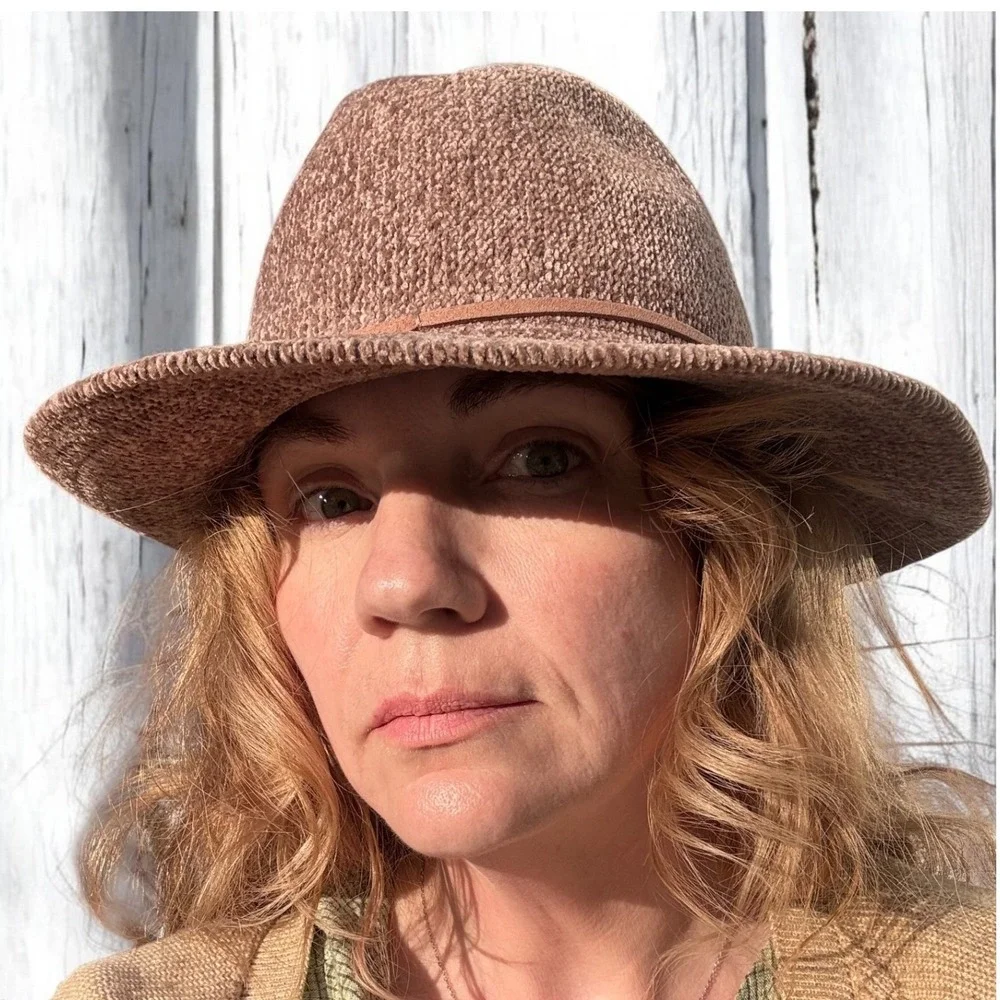 Boho Fedora Hat OS Mauve Brown Polyester Knit Faux Leather Bow Trim Adjustable‎